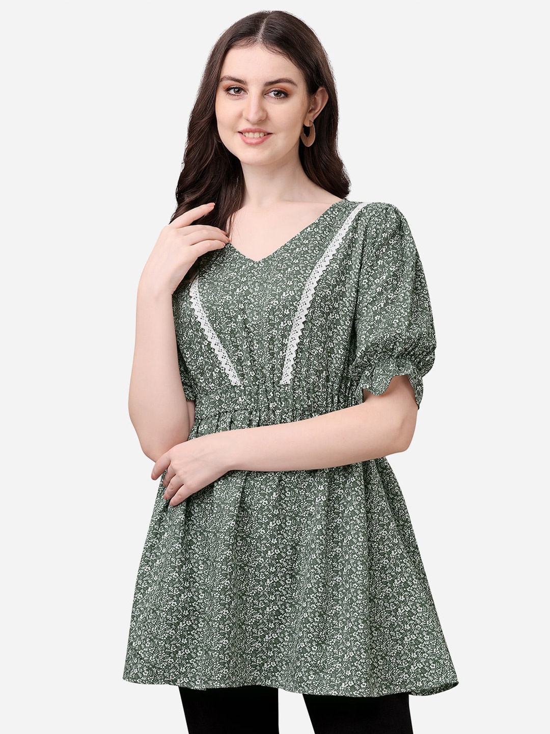 

Fashion2wear Ethnic Motifs Printed V-Neck Puff Sleeve Georgette Empire Longline Top, Green