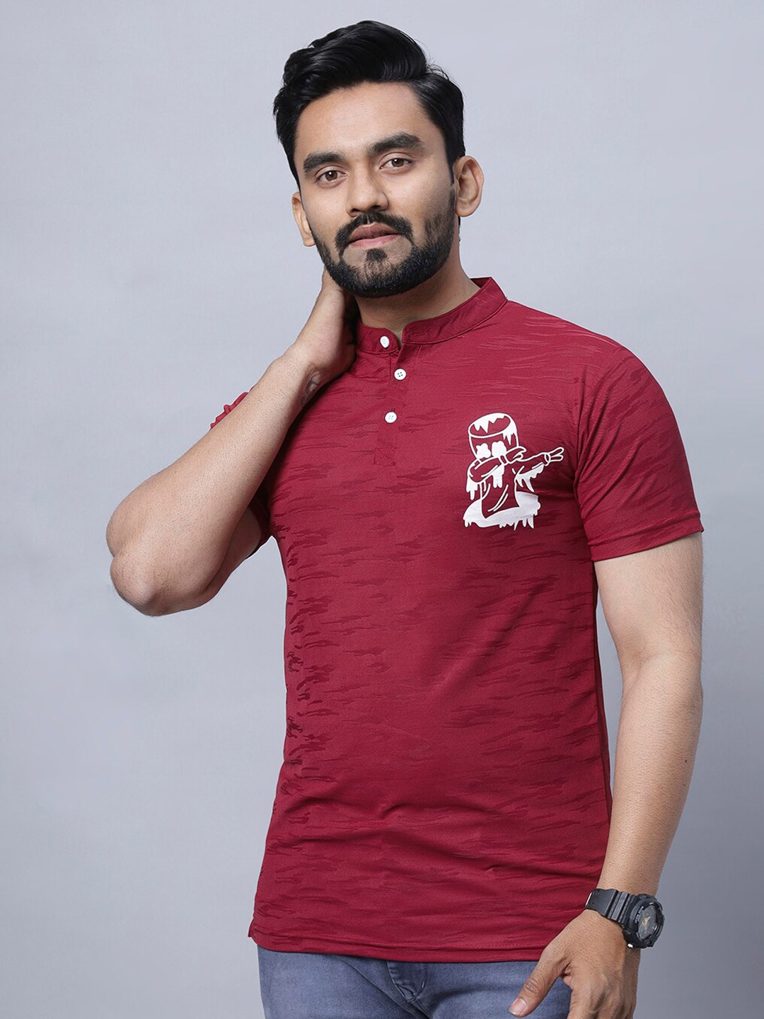 N AND J Mandarin Collar short Sleeves Regular Fit T-shirt, Maroon