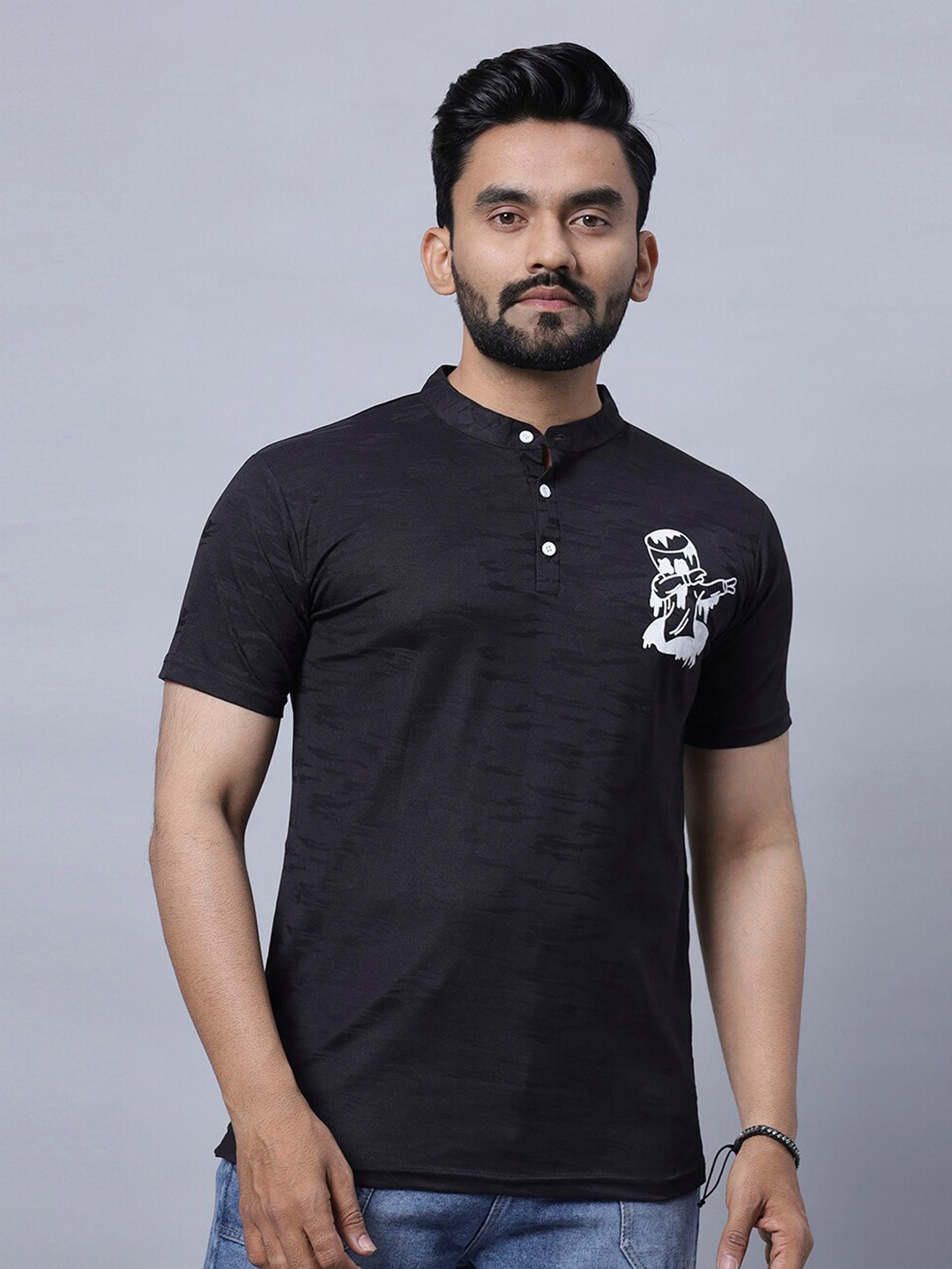 

N AND J Mandarin Collar Short Sleeves T-shirt, Black