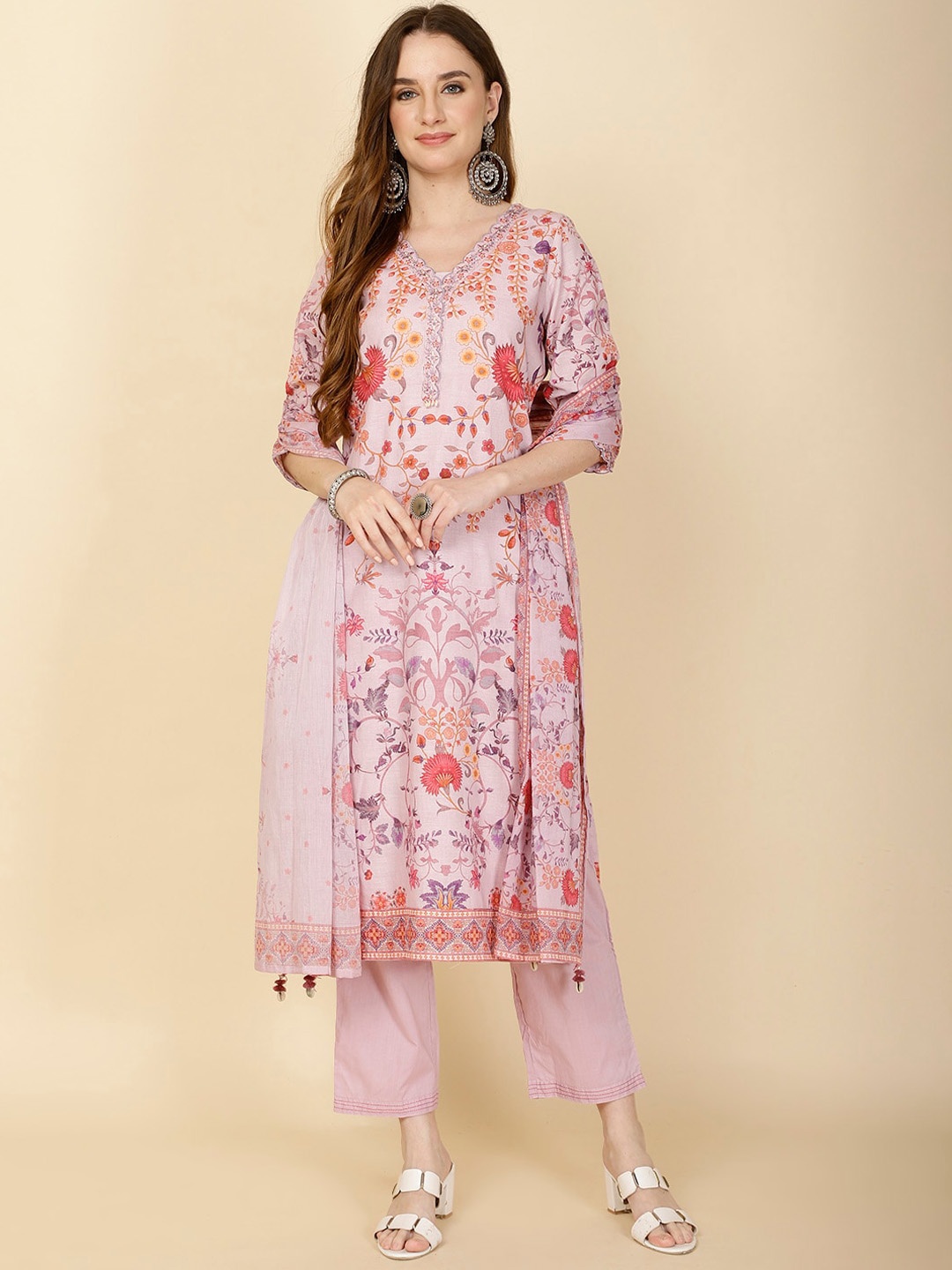 

Meena Bazaar Floral Printed V-Neck Straight Kurta With Trousers & Dupatta, Pink