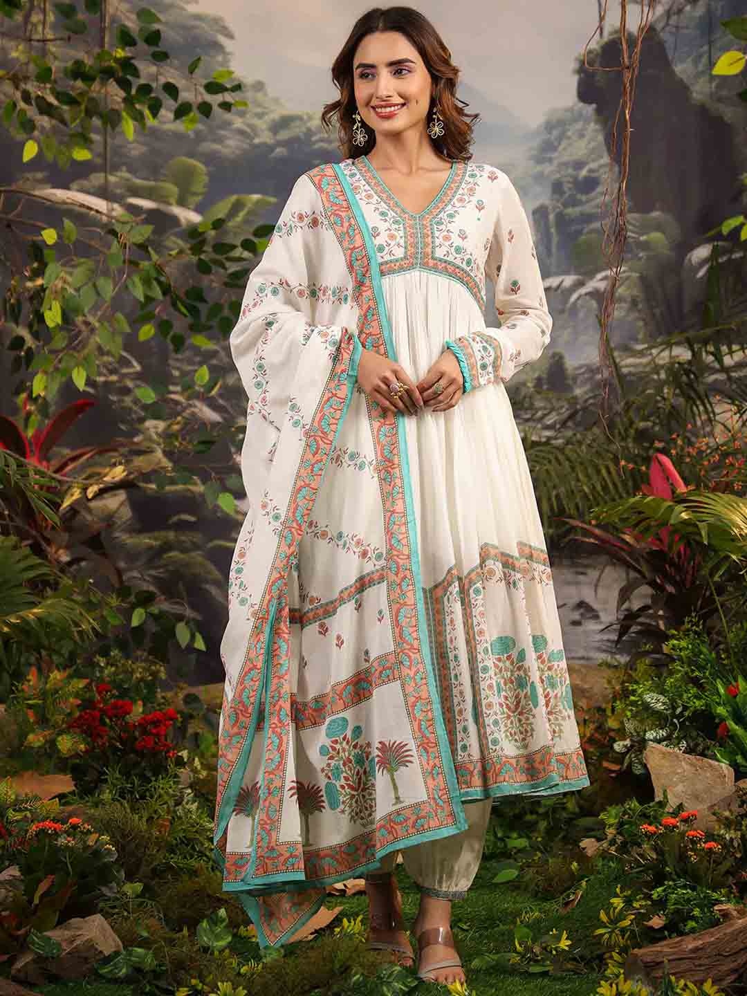 

Meena Bazaar Floral Printed Empire Kurta & Trousers With Dupatta, Cream