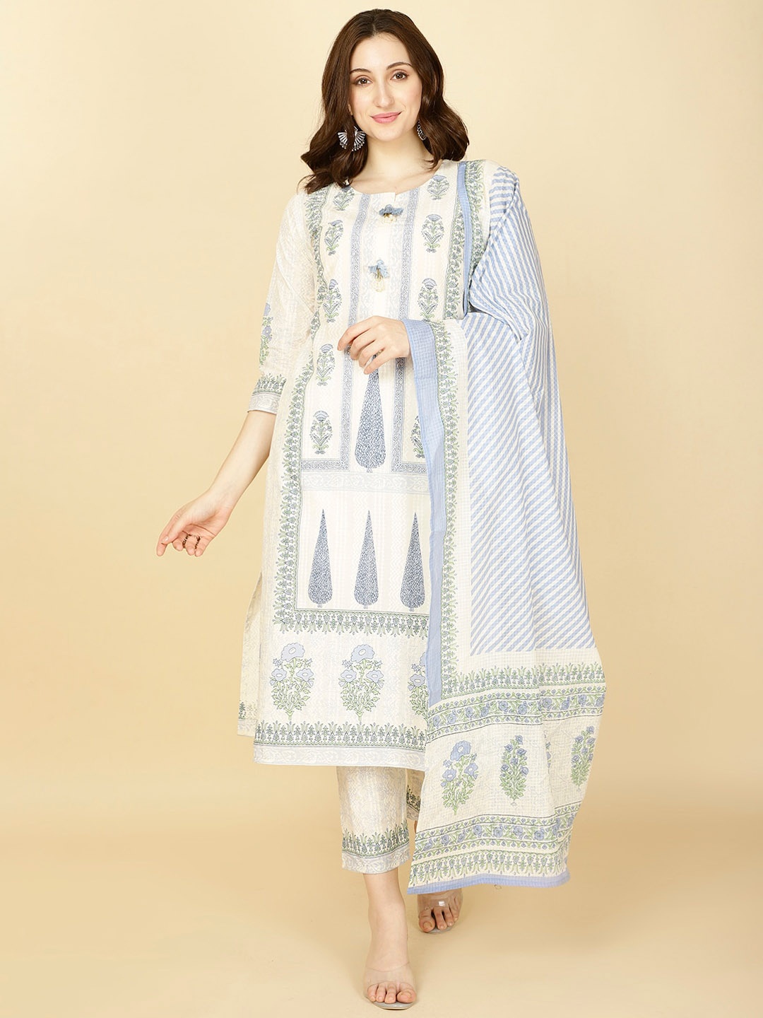 

Meena Bazaar Round Neck Floral Printed Regular Kurta with Trousers & With Dupatta, Cream