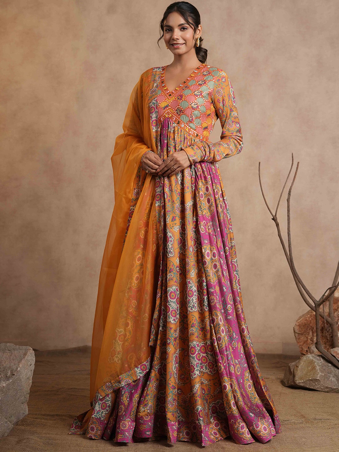 

Meena Bazaar Floral Printed Regular Kurta with Trousers & With Dupatta, Orange