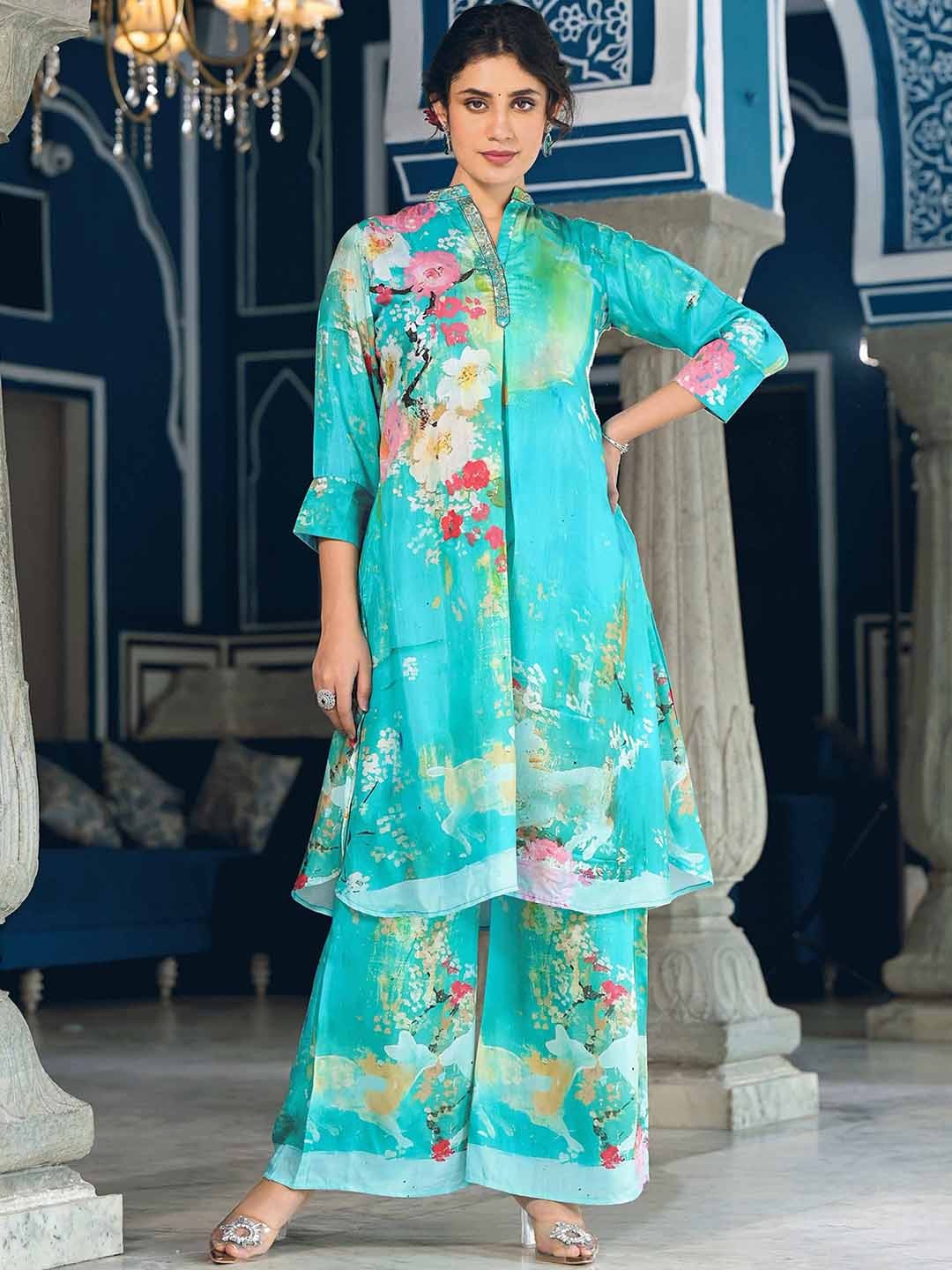 

Meena Bazaar Floral Printed Mandarin Collar A-Line Kurta With Palazzos, Blue