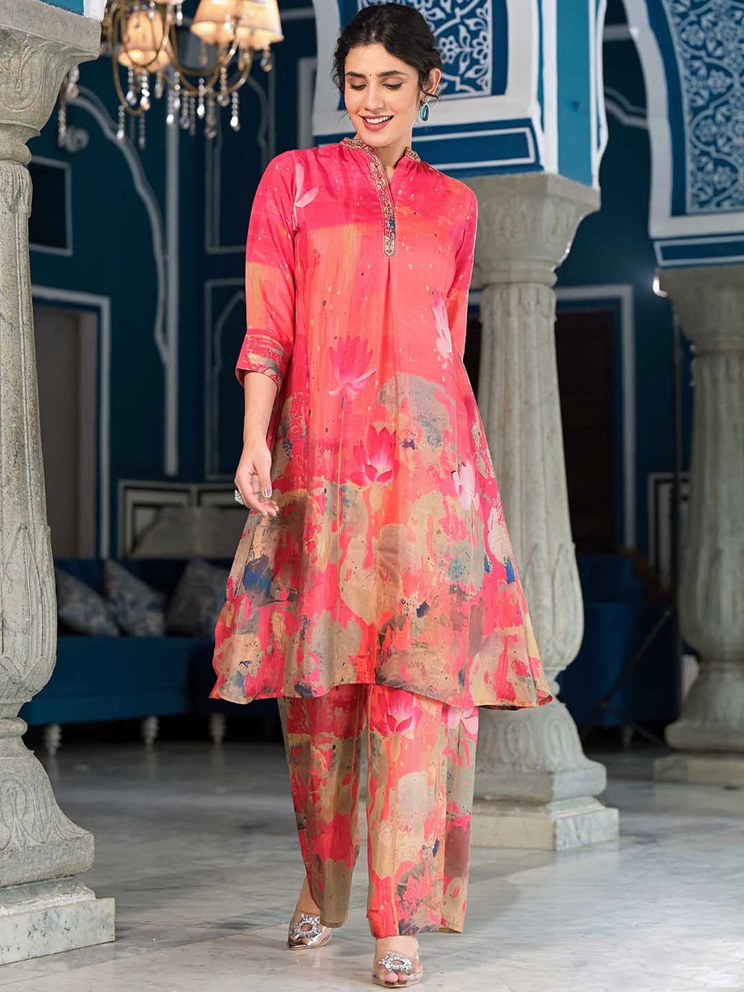 

Meena Bazaar Floral Printed Mandarin Collar A-Line Kurta With Palazzos, Pink