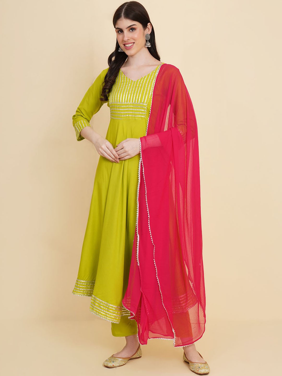 

Meena Bazaar V-Neck Regular Kurta with Trousers & With Dupatta, Lime green
