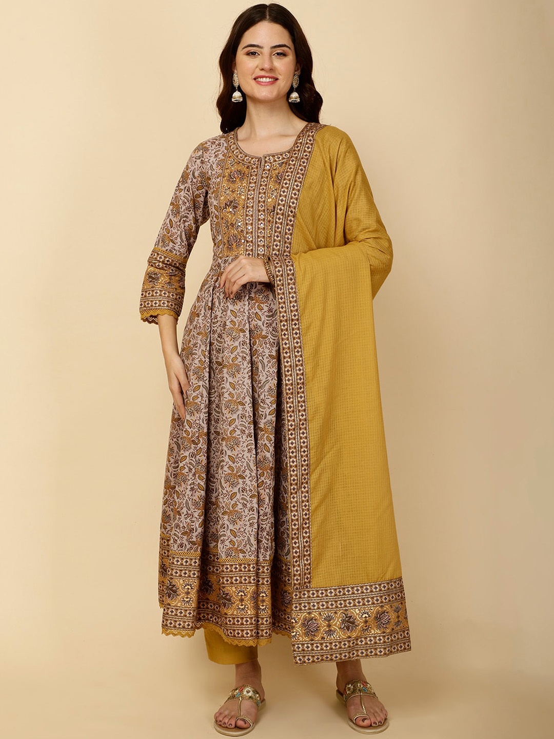 

Meena Bazaar Floral Printed Anarkali Kurta & Trousers With Dupatta, Mustard