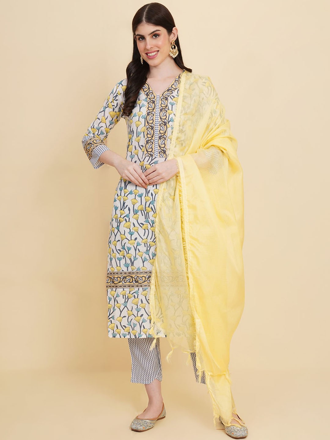 

Meena Bazaar Floral Printed V-Neck Straight Kurta With Trousers & Dupatta, Cream