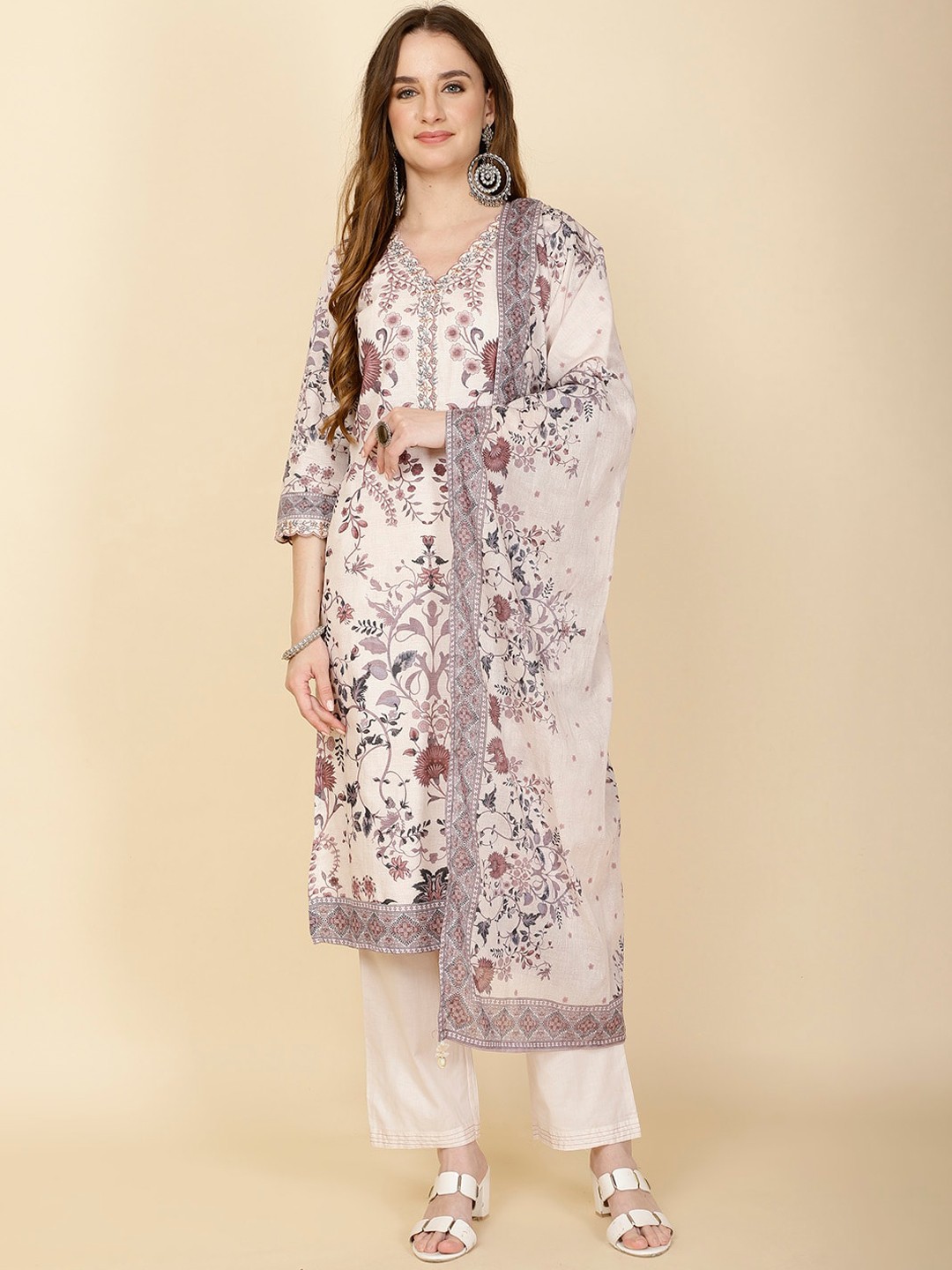 

Meena Bazaar Floral Printed V-Neck Straight Kurta With Trousers & Dupatta, Cream