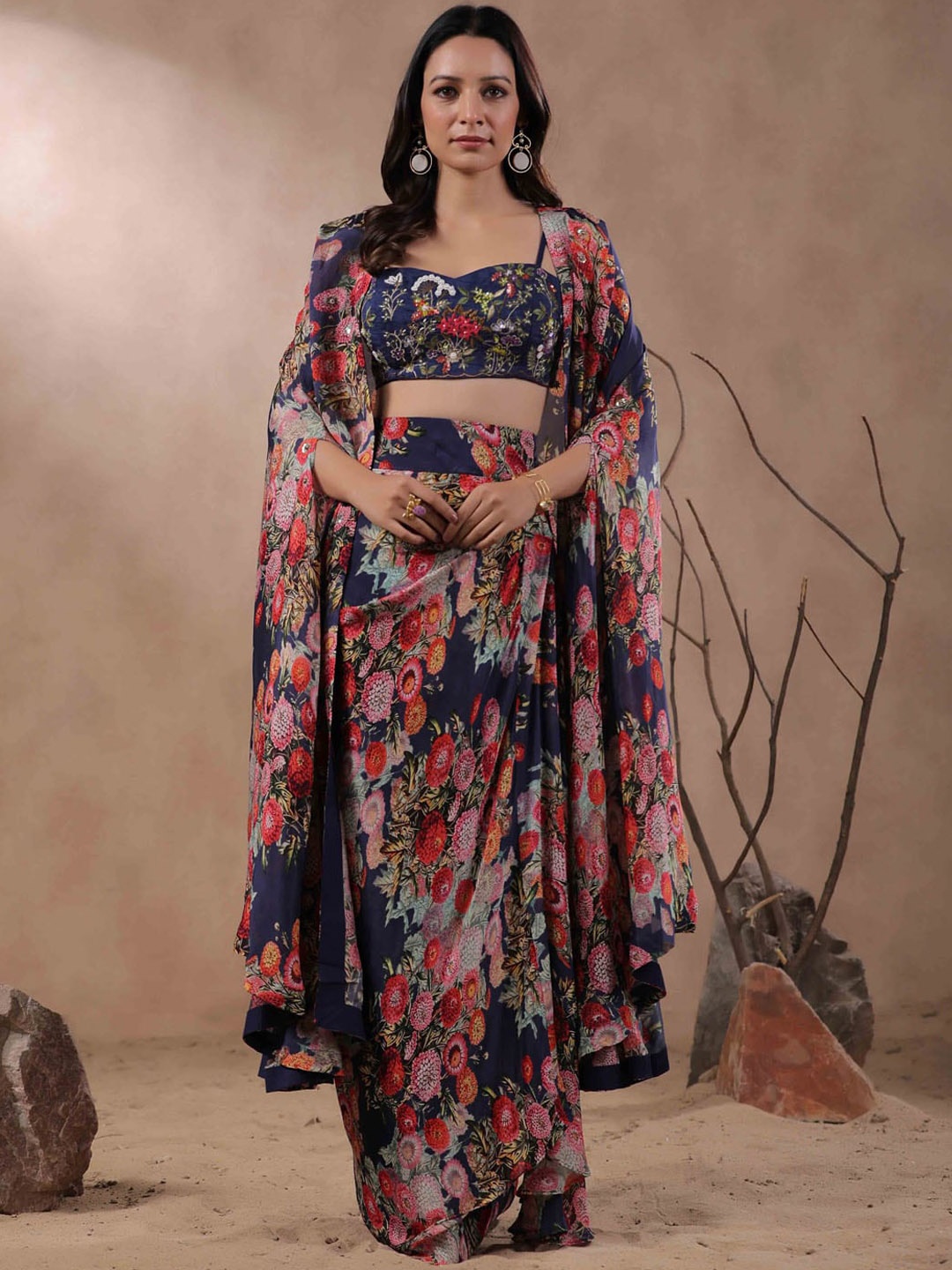 

Meena Bazaar Embellished Top With Printed Skirt & Shrug, Navy blue