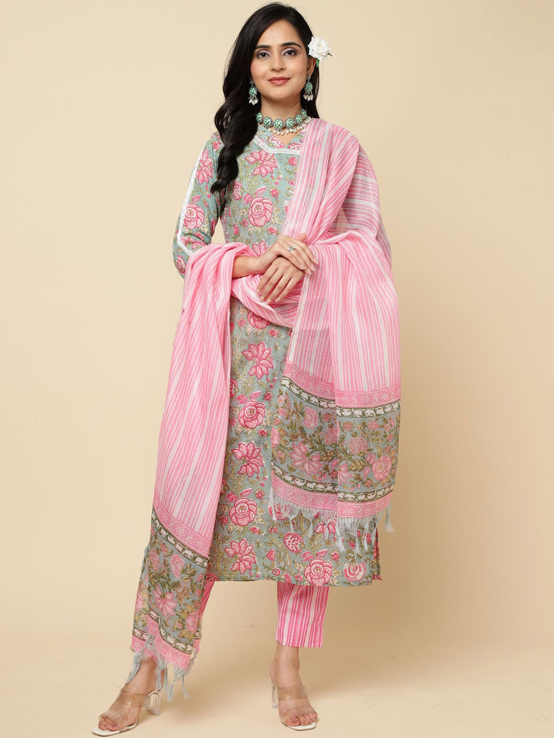 

Meena Bazaar Floral Printed V-Neck Straight Kurta With Trousers & Dupatta, Sea green