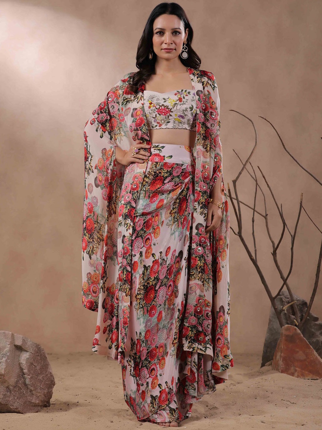 

Meena Bazaar Embellished Top With Printed Skirt & Shrug, Peach