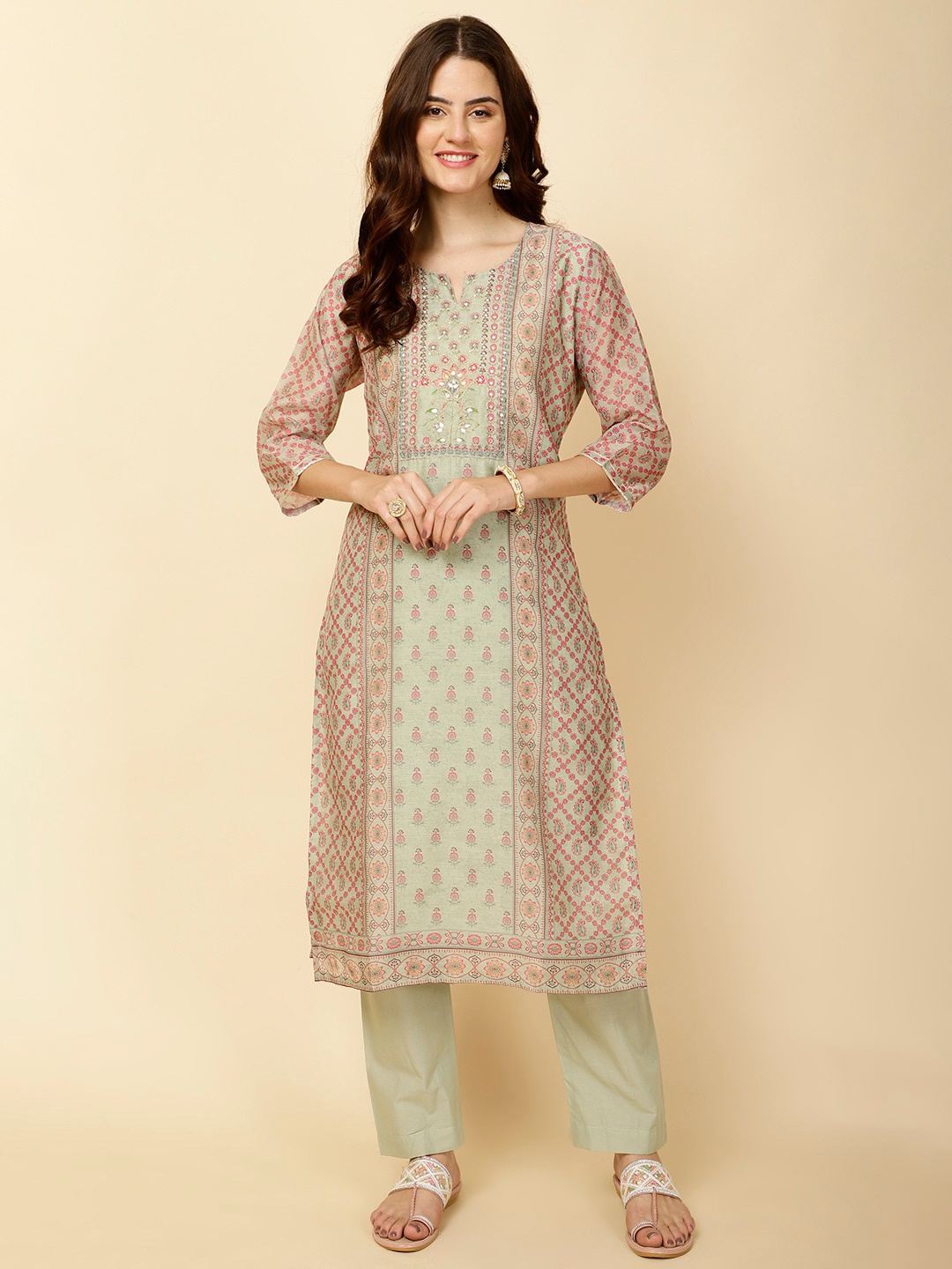 

Meena Bazaar Notched Neck Paisley Printed Straight Kurta with Trouser, Sea green