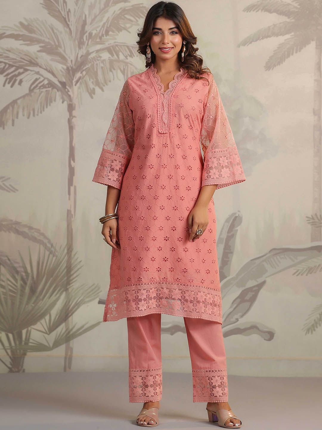 

Meena Bazaar Floral Embroidered Straight Kurta with Trousers & With Dupatta, Peach