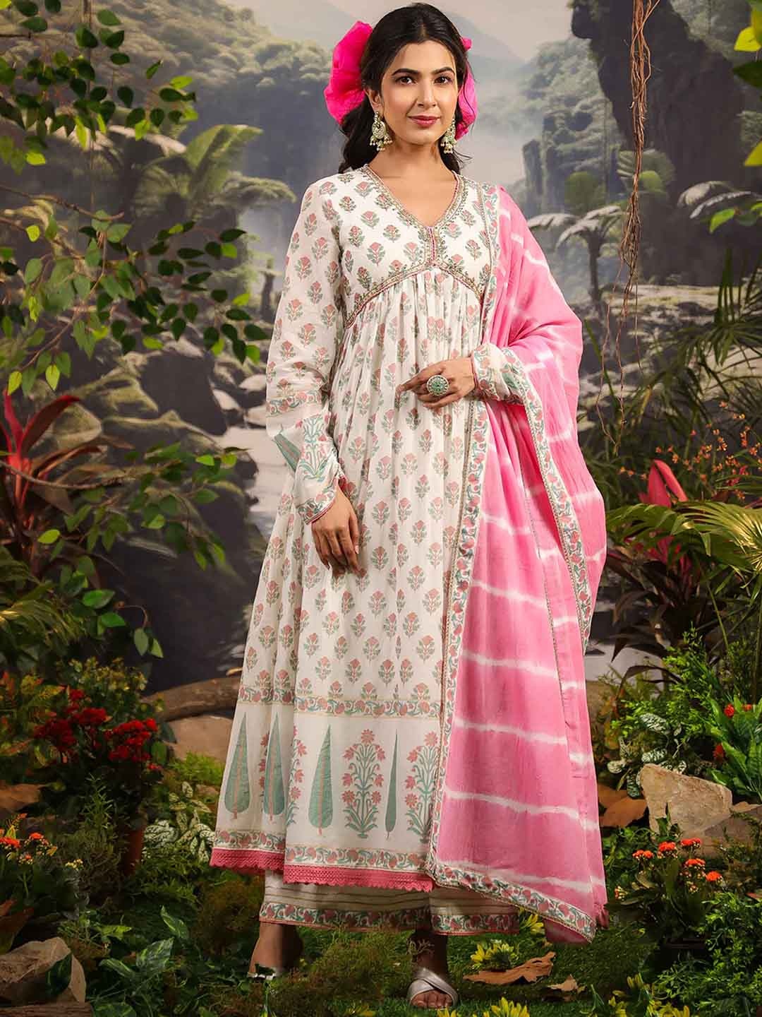 

Meena Bazaar V Neck Floral Printed Empire Kurta with Trousers & With Dupatta, Cream