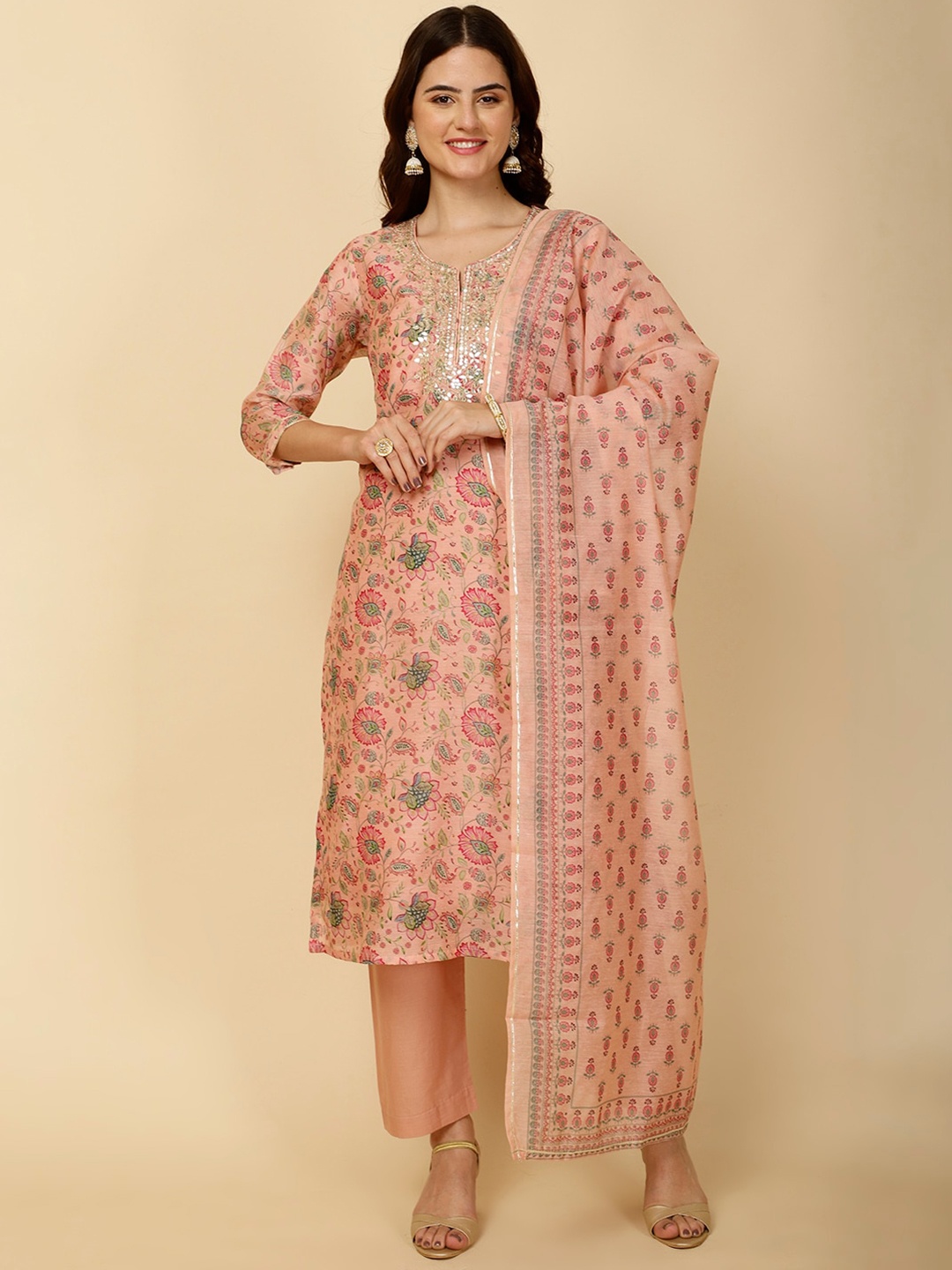 

Meena Bazaar Floral Printed Notch Neck Straight Kurta With Trousers & Dupatta, Peach