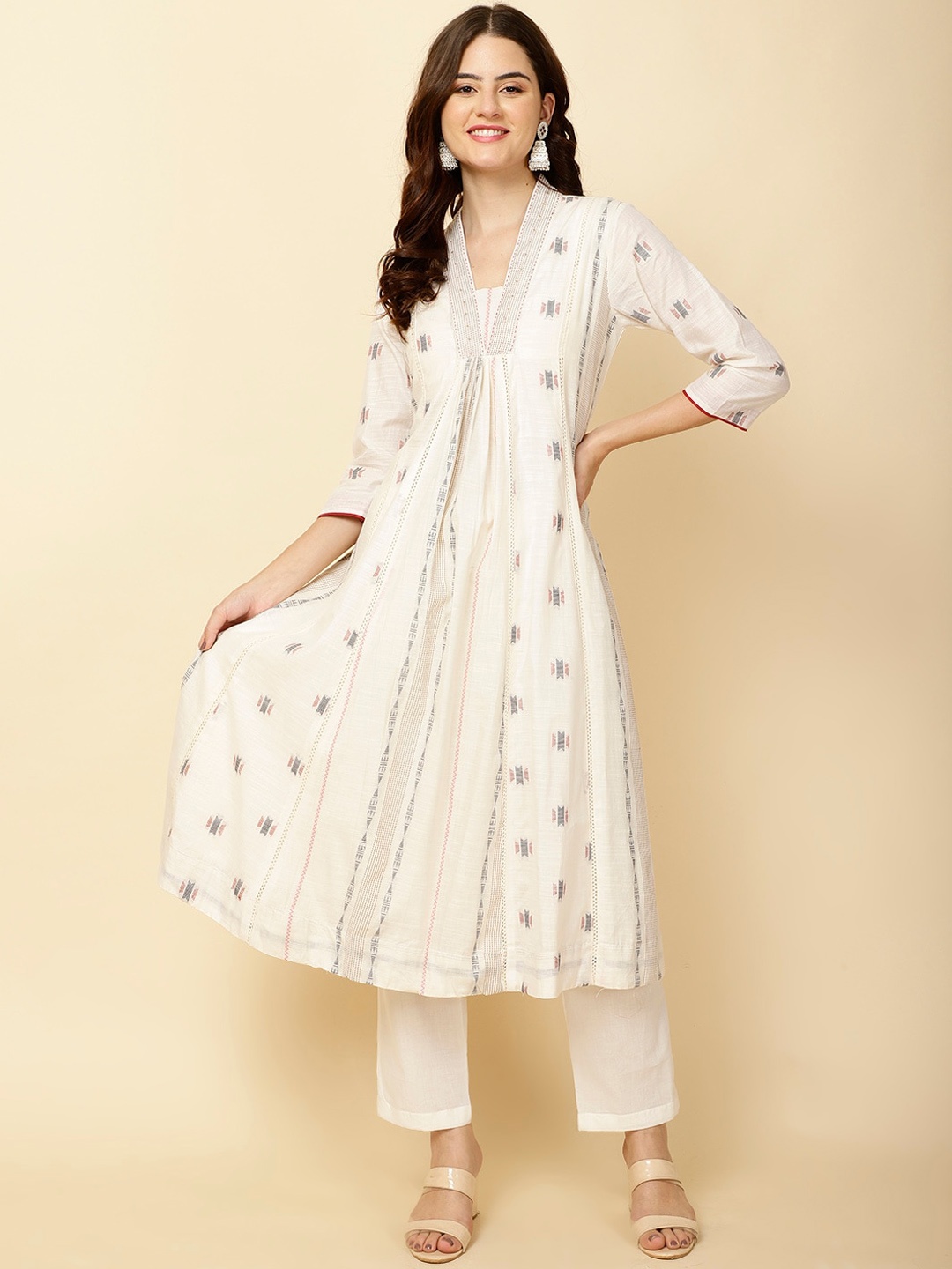 

Meena Bazaar Woven Design A-Line Kurta with Trousers, Cream