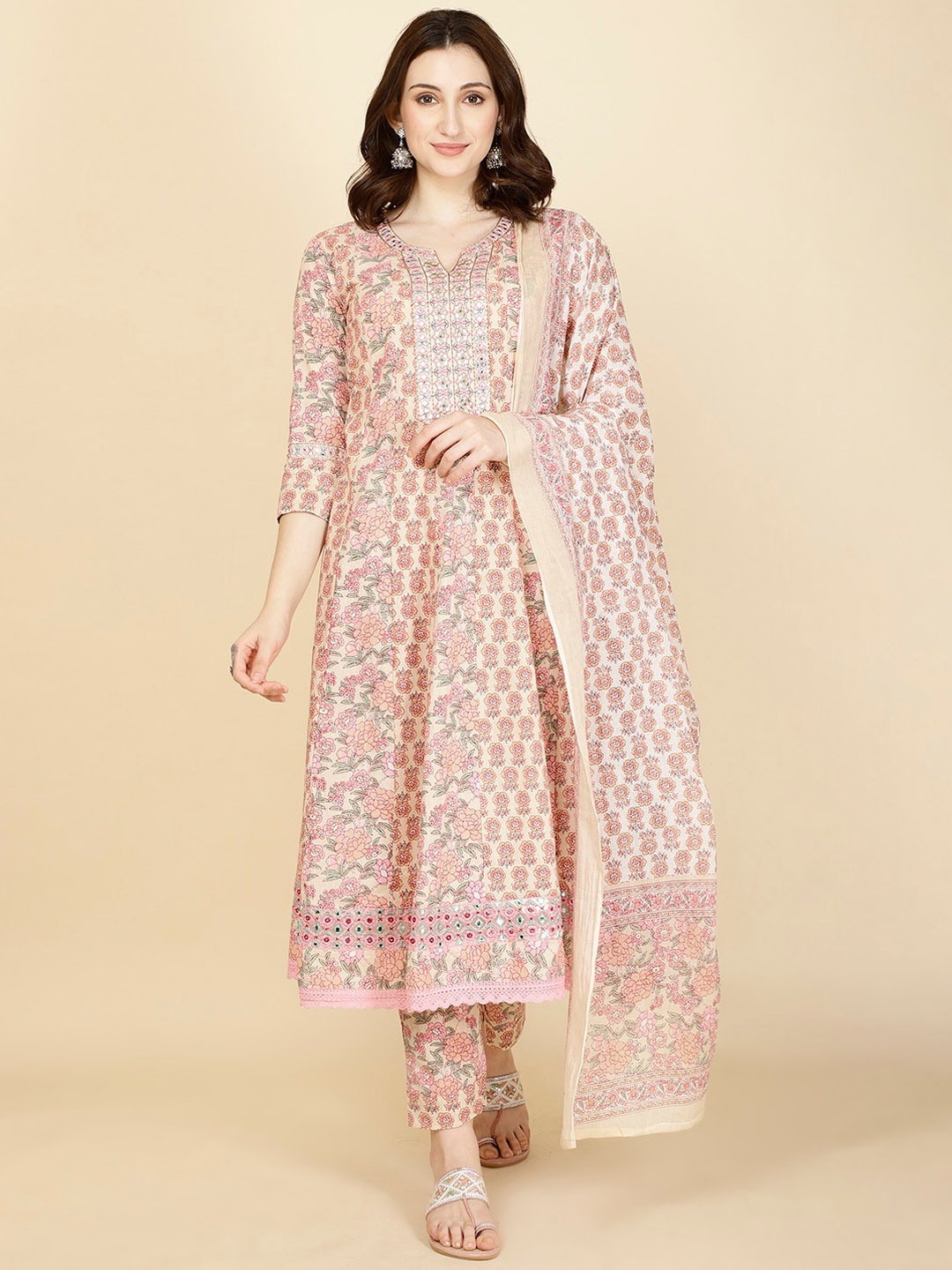 

Meena Bazaar Floral Printed Regular Kurta with Trousers & With Dupatta, Beige