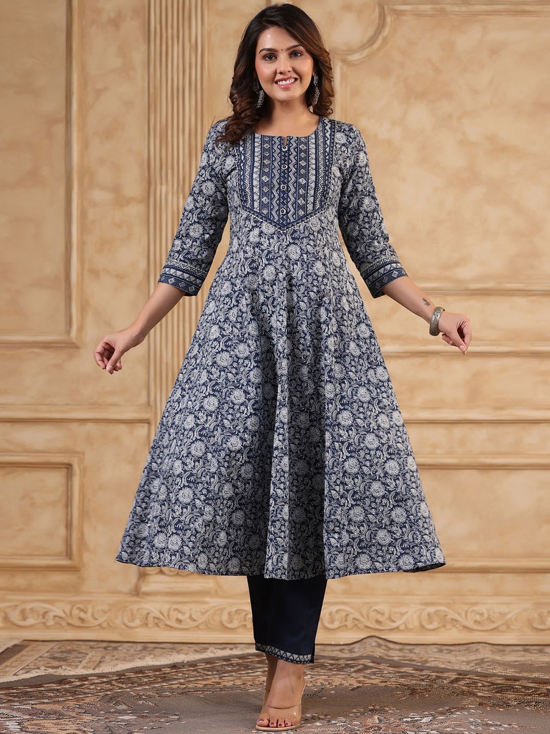 

Meena Bazaar Ethnic Motifs Printed Mirror Work Anarkali Kurta & Trousers With Dupatta, Navy blue