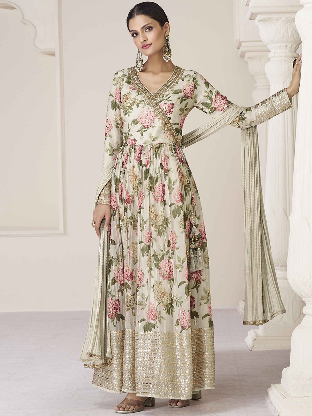 

Meena Bazaar Paisley Printed Sequinned Organza Angrakha Kurta With Churidar & Dupatta, Cream