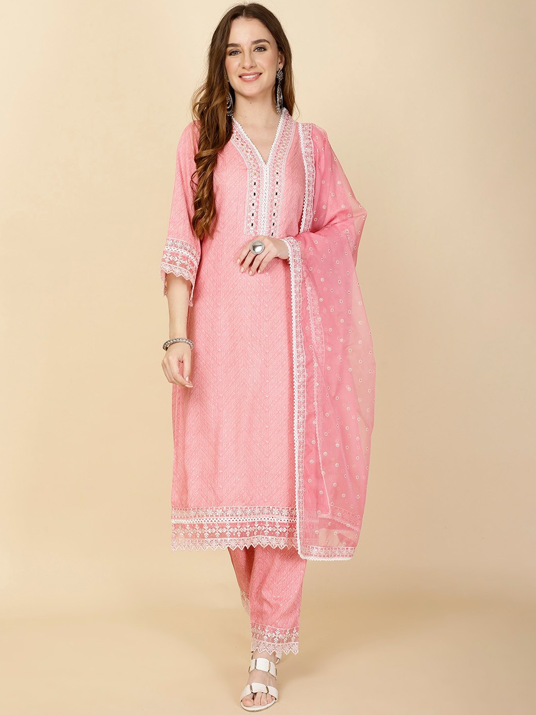 

Meena Bazaar Printed Regular Kurta with Trousers & With Dupatta, Pink