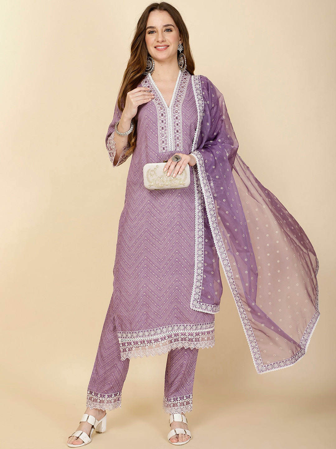 

Meena Bazaar Printed Straight Kurta & Trousers With Dupatta, Purple