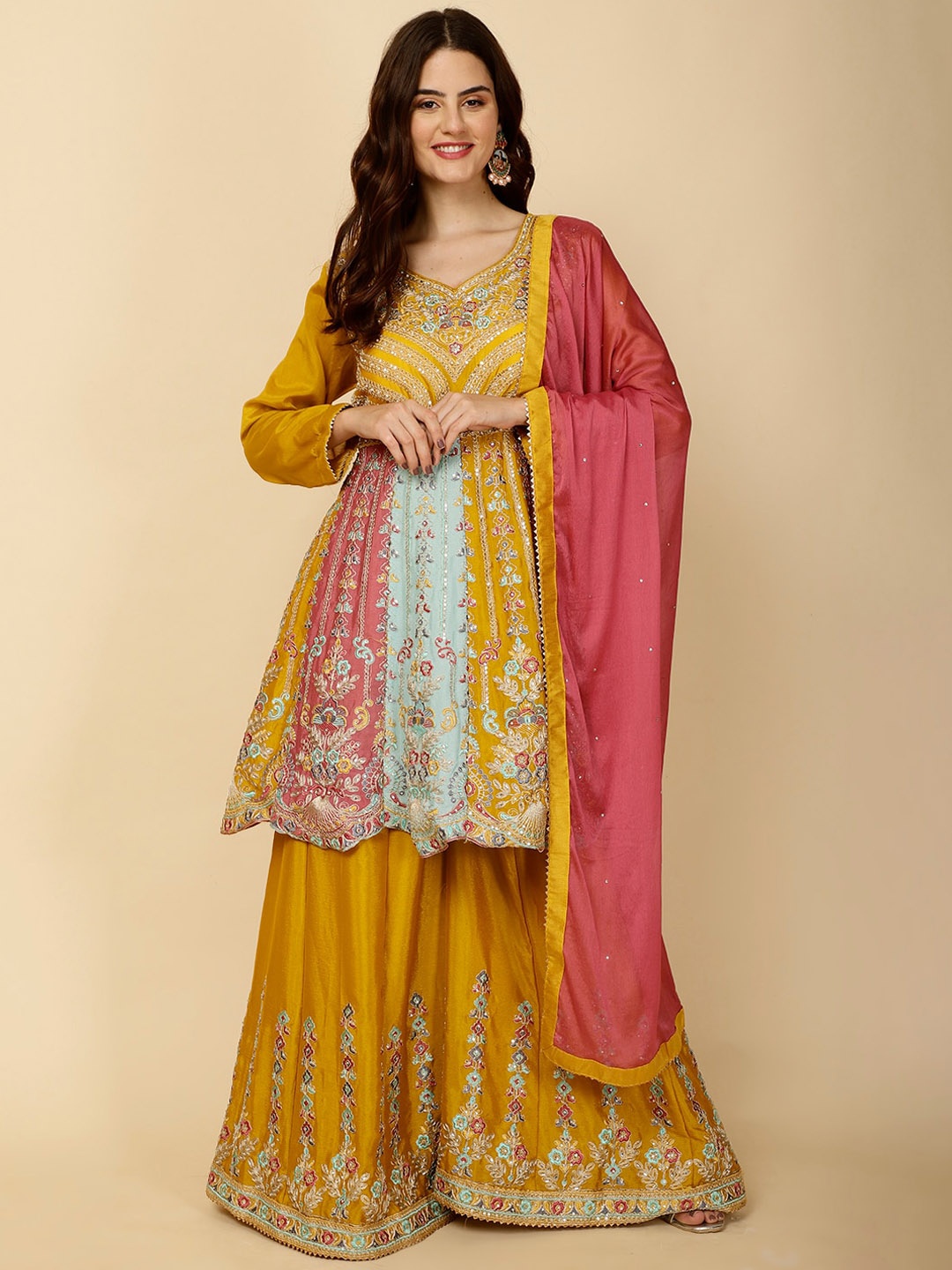 

Meena Bazaar Round Neck Floral Embroidered Anarkali Kurta with Sharara & Dupatta, Mustard