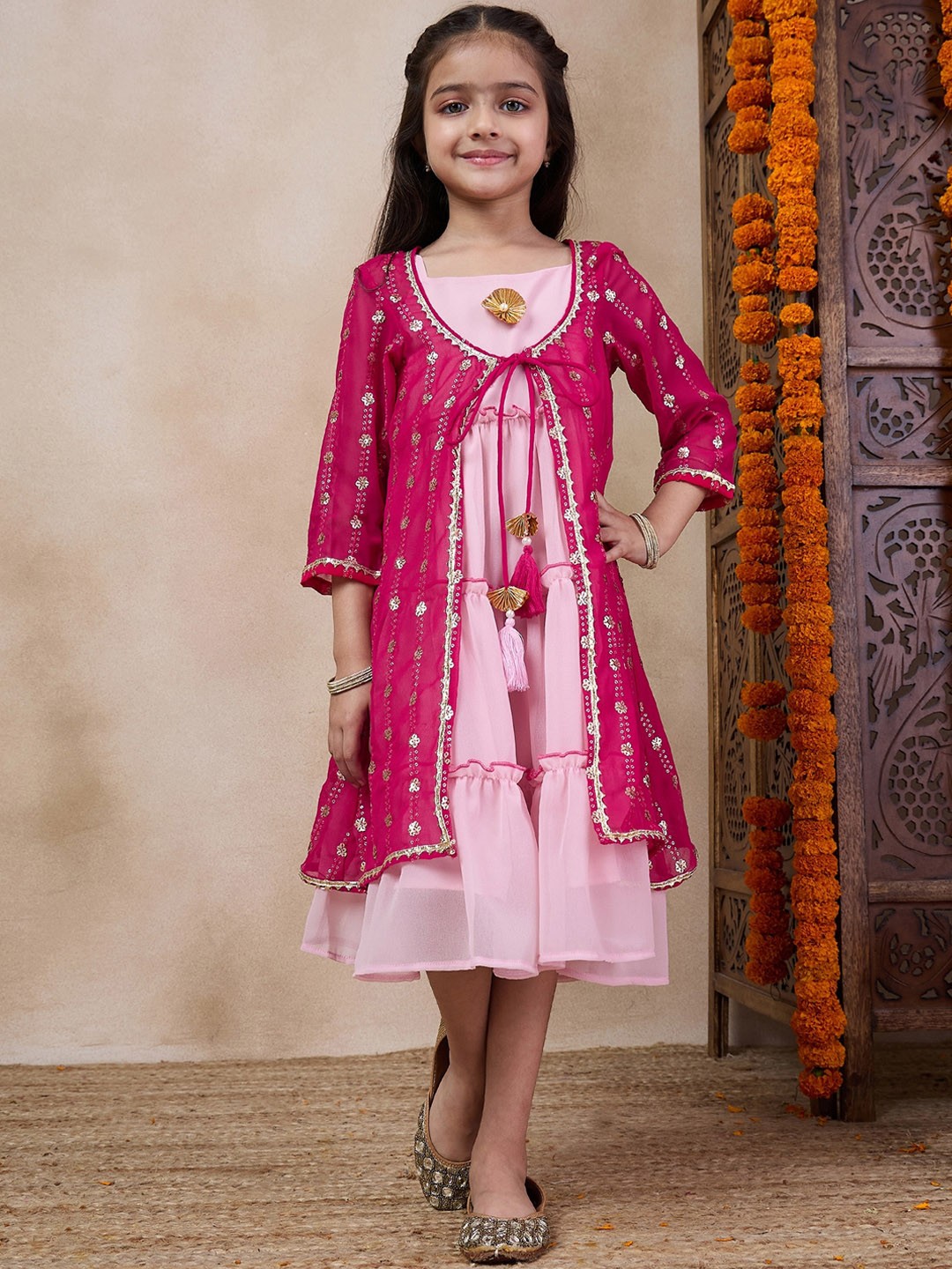 

pspeaches Girls Tiered Sleeveless A-Line Midi Georgette Ethnic Dress With Embroidered Shrug, Pink