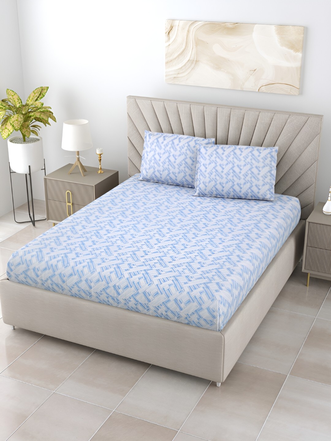 

Salona Bichona Blue & Off White Printed 152 TC King Bedsheet With 2 Pillow Covers
