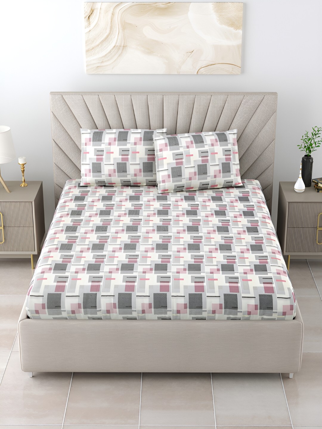 

Salona Bichona Blue & Cream Geometric Printed 152 TC King Bedsheet With 2 Pillow Covers