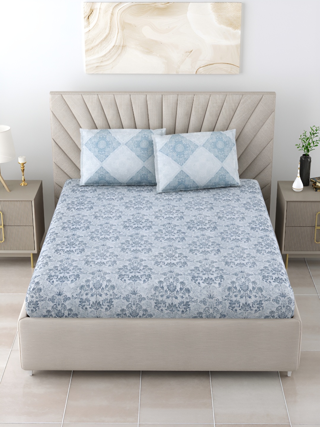 

Salona Bichona Blue & Grey Floral Printed Cotton 180 TC King Bedsheet With 2 Pillow Covers