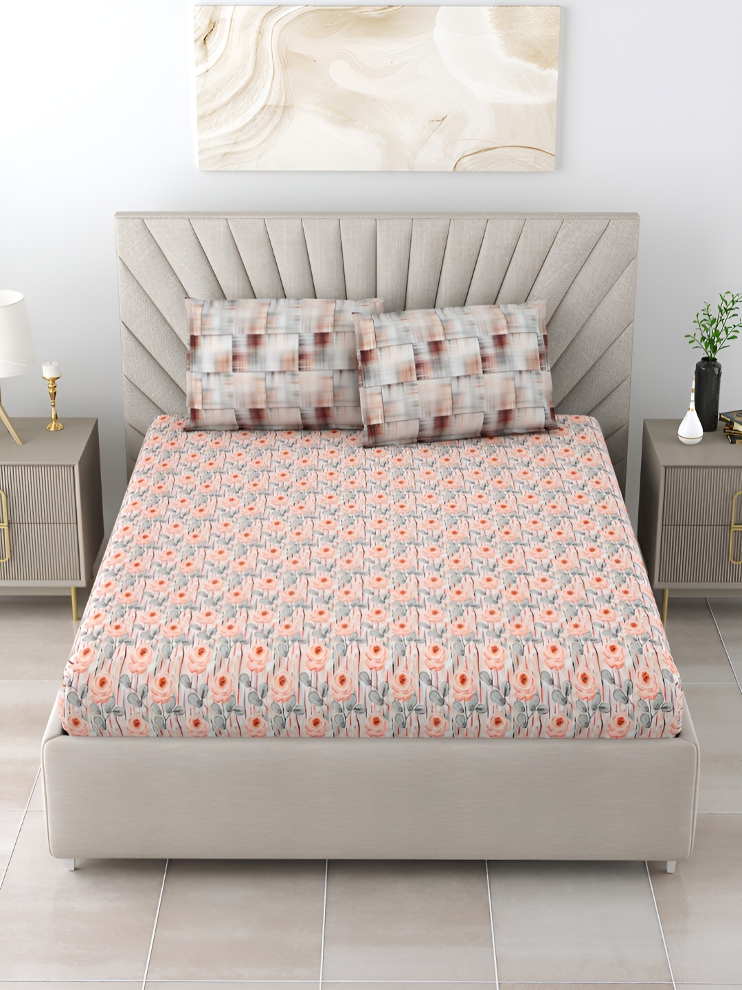 

Salona Bichona Pink & Grey Floral Printed Cotton 300 TC King Bedsheet With 2 Pillow Covers