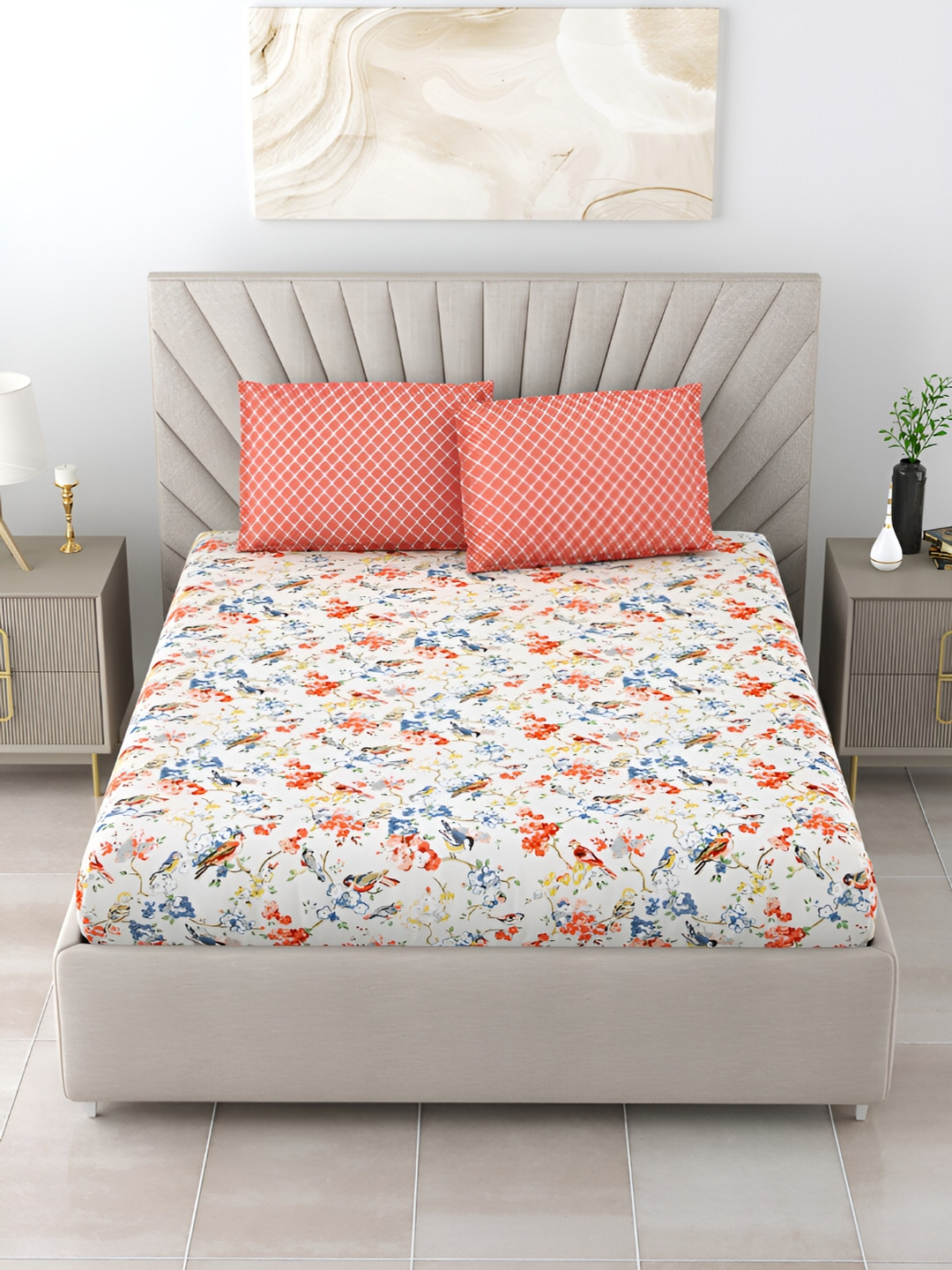 

Salona Bichona Pink & White Floral Printed 152 TC Queen Bedsheet With 2 Pillow Covers