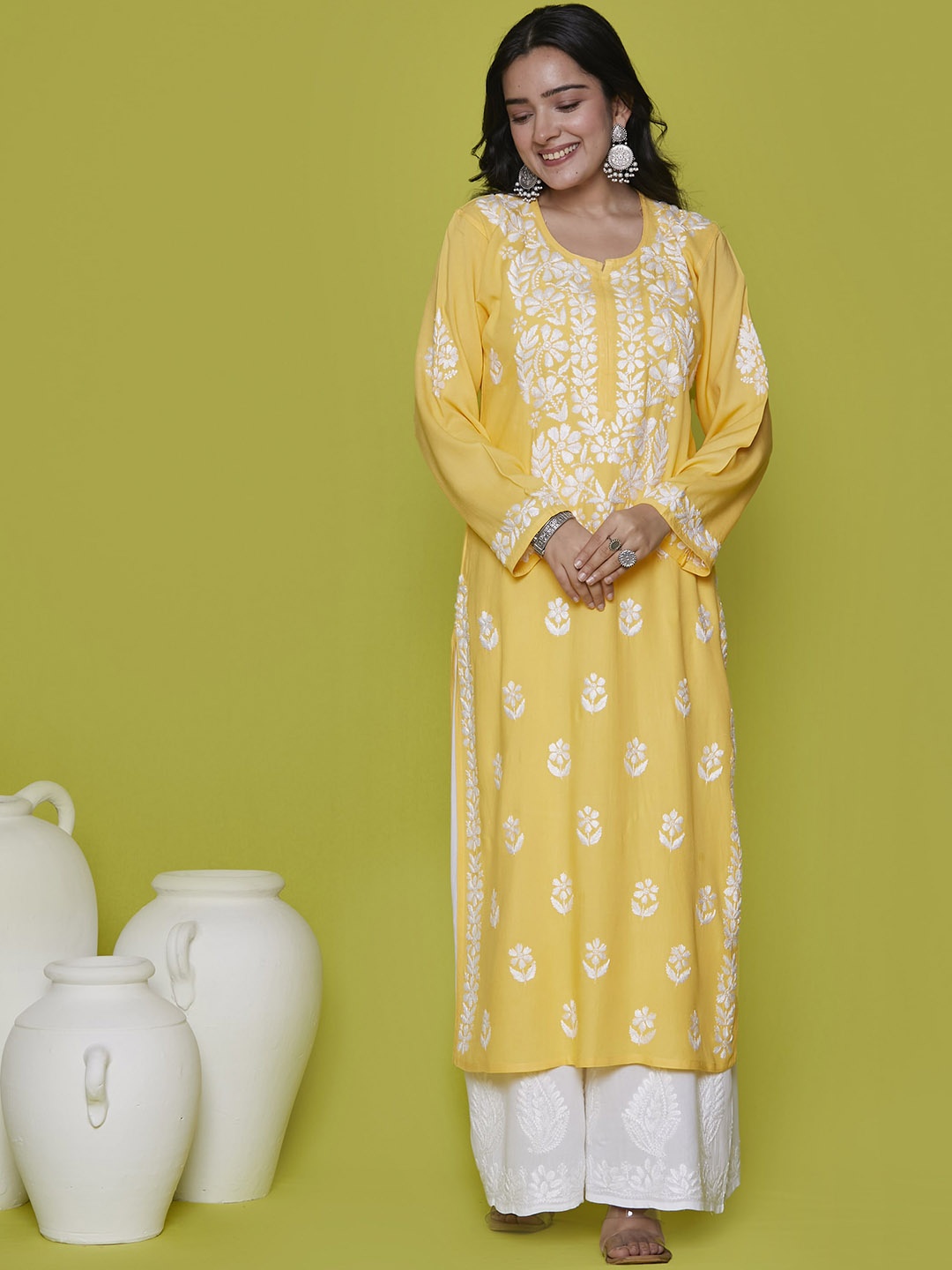 

House of Chikankari Ethnic Motifs Chikankari Embroidered Kurta, Yellow