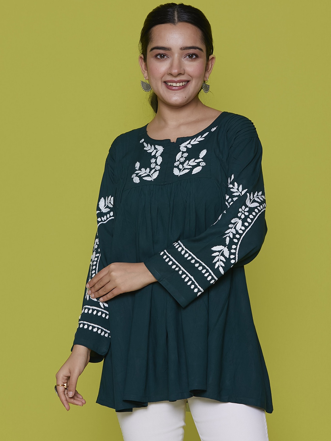

House of Chikankari Ethnic Motifs Embroidered Flared Sleeves Chikankari Pleated Kurti, Green