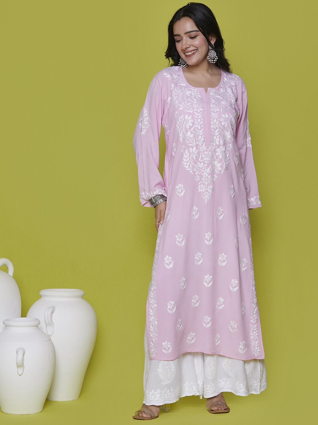 

House of Chikankari Ethnic Motifs Embroidered Chikankari Kurta, Pink