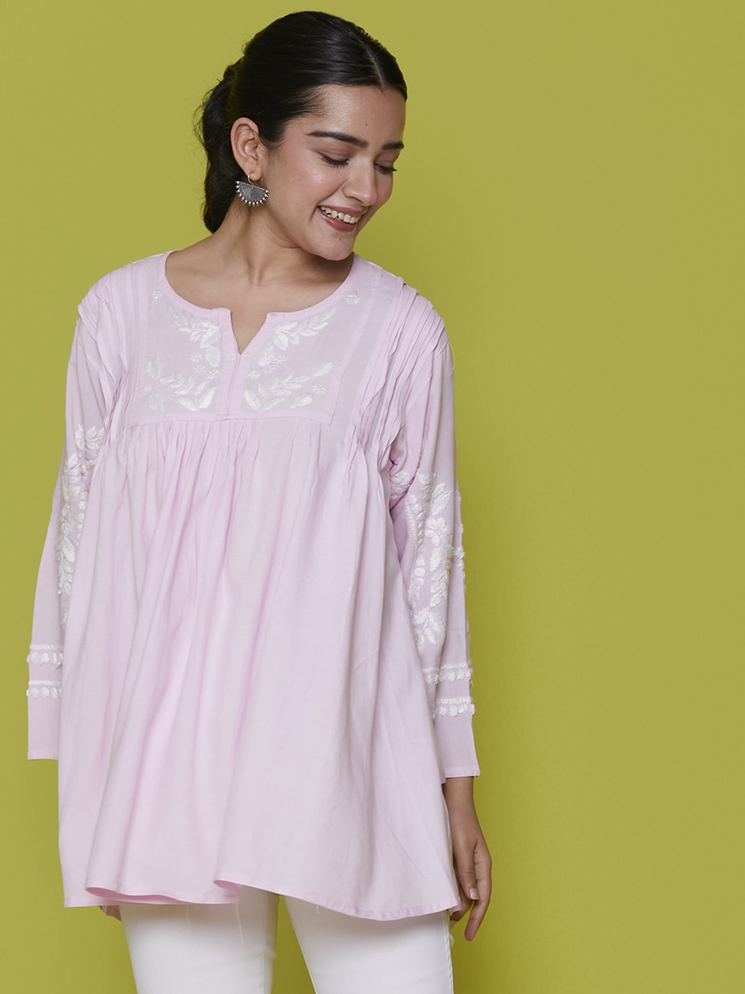 

House of Chikankari Ethnic Motifs Embroidered Pleated Kurti, Pink