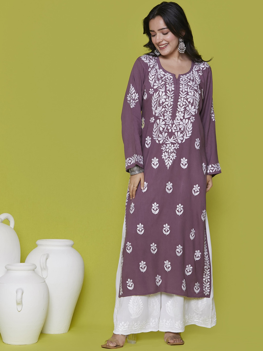 

House of Chikankari Ethnic Motifs Embroidered Straight Kurta, Purple