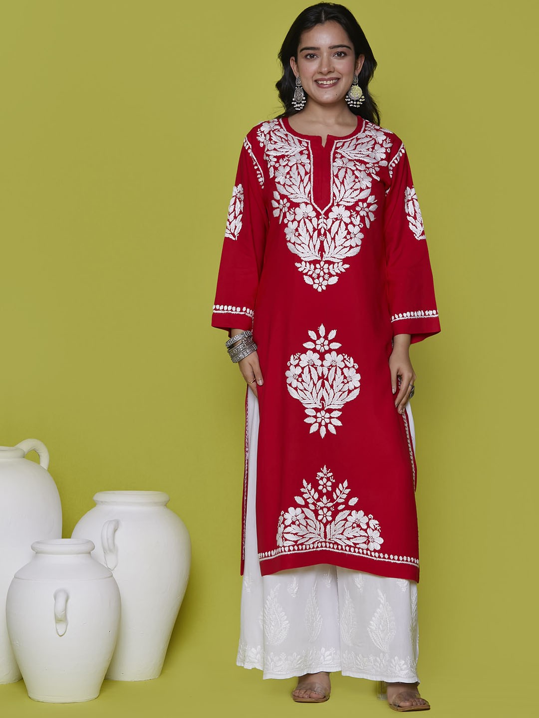 

House of Chikankari Ethnic Motifs Embroidered Flared Sleeves Straight Kurta, Red