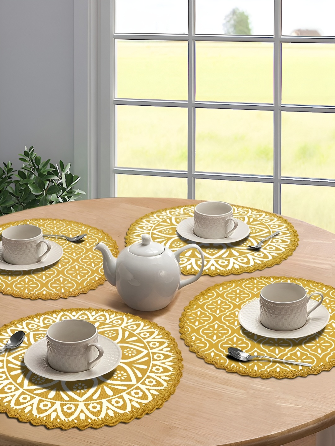 

Saral Home 4-Pcs Yellow & White Printed Cotton Anti Skid Table Placemats