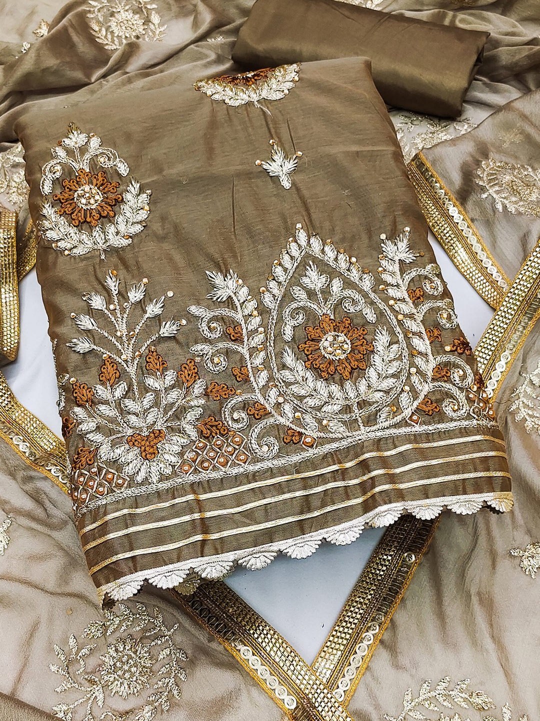 

MAHALASA Ethnic Motifs Embroidered Pure Cotton Unstitched Dress Material, Brown