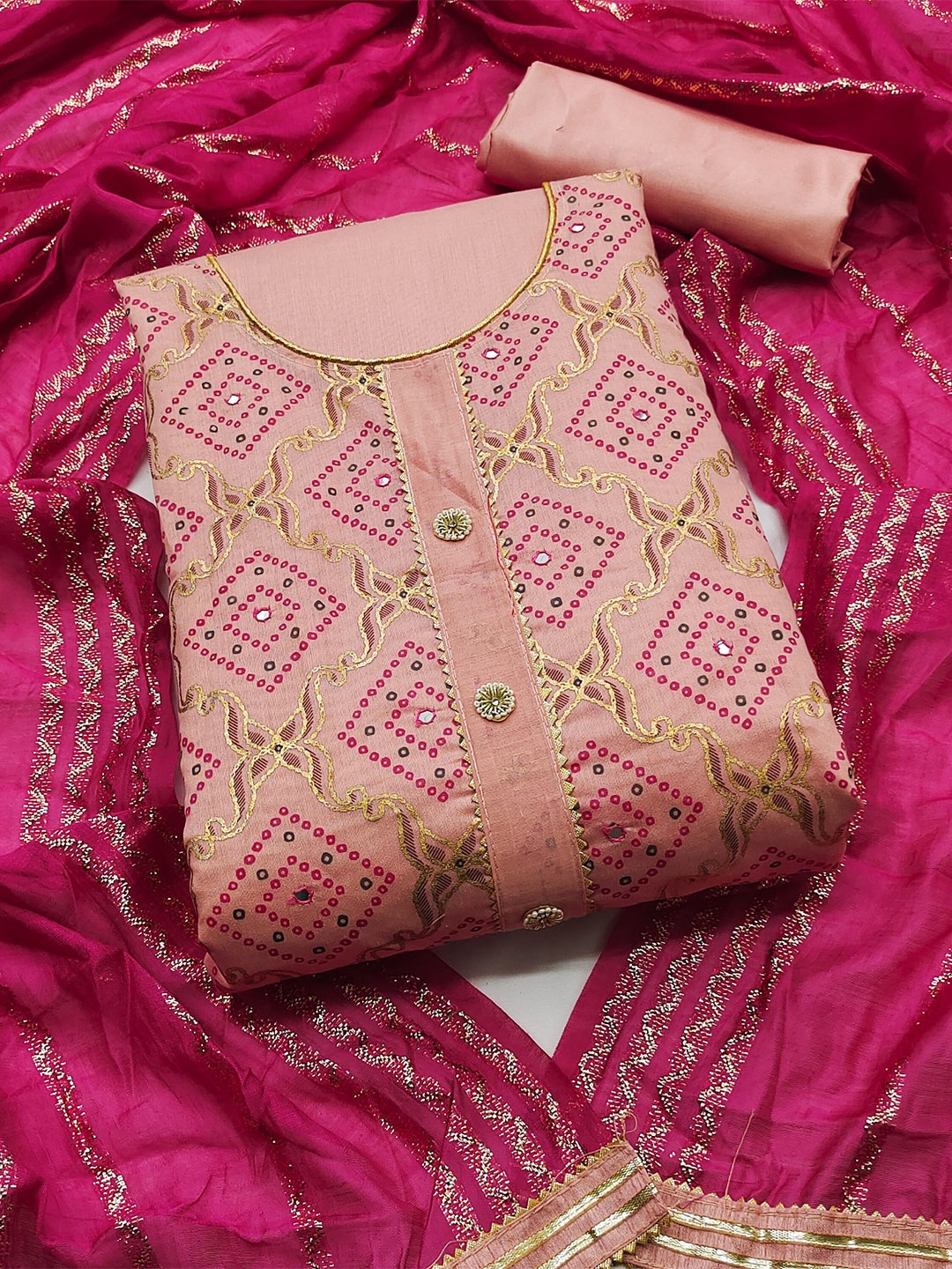 

MAHALASA Bandhani Printed Pure Cotton Unstitched Dress Material, Peach