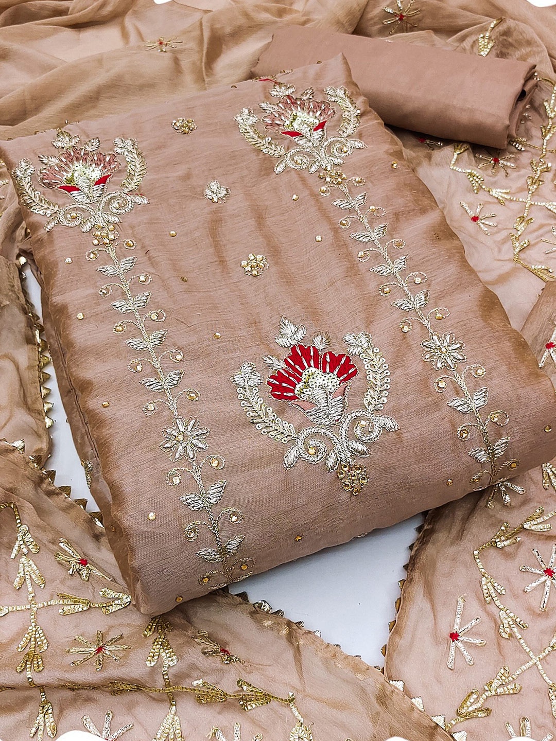 

MAHALASA Embroidered Pure Cotton Unstitched Dress Material, Brown