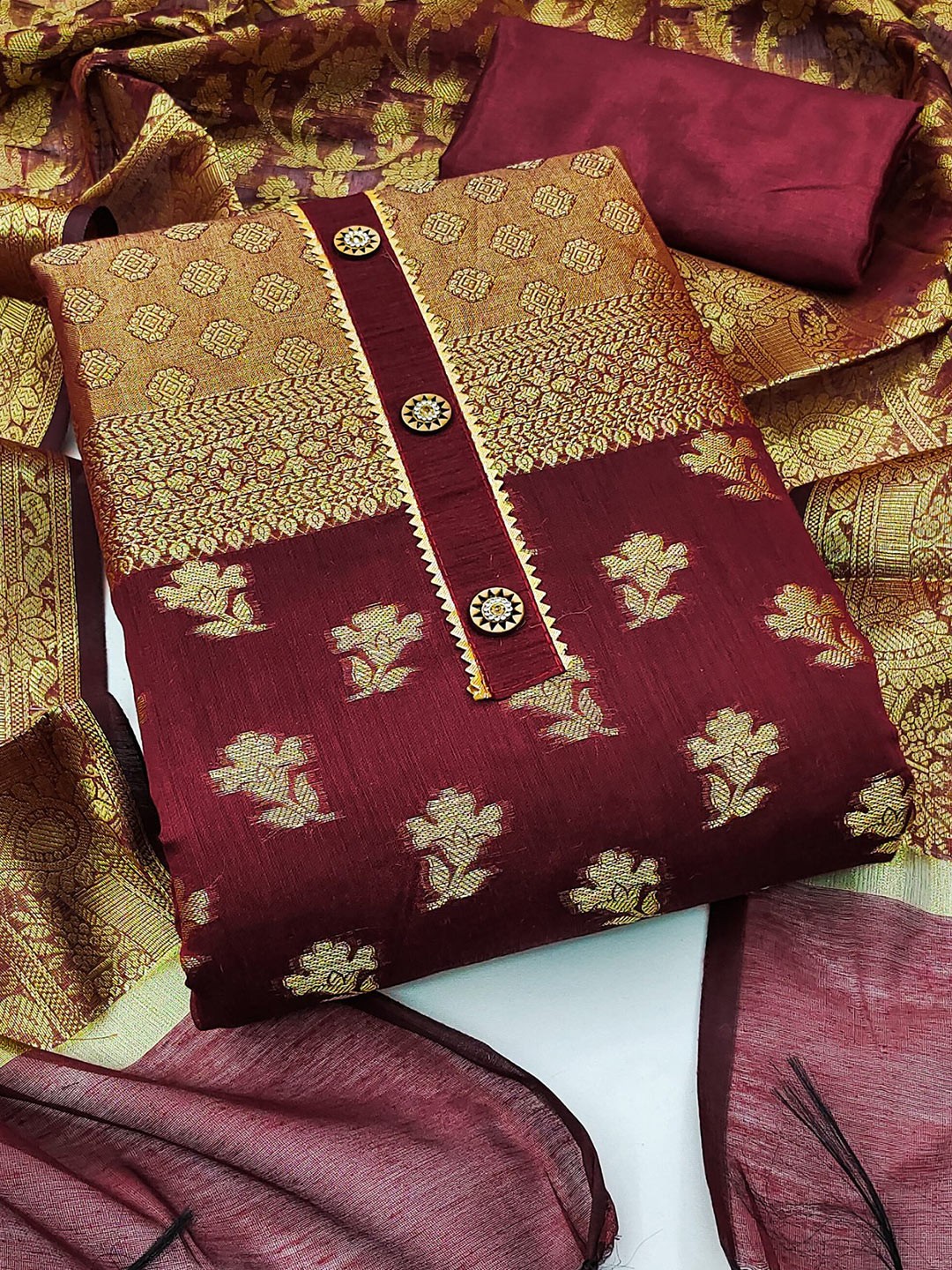

MAHALASA Floral Woven Design Pure Cotton Unstitched Dress Material, Maroon