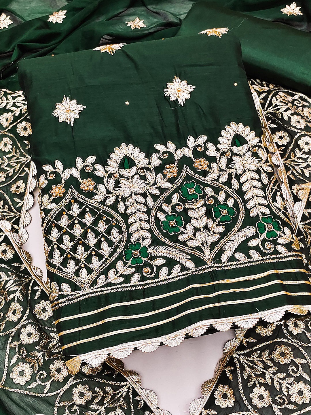 

MAHALASA Embroidered Chanderi Unstitched Dress Material, Green
