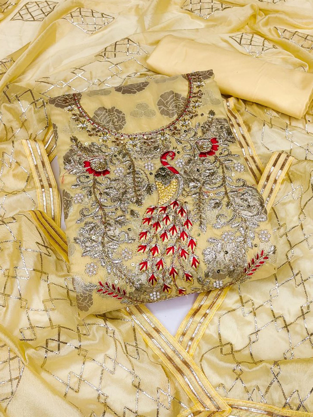 

MAHALASA Ethnic Motifs Woven Design Pure Cotton Unstitched Dress Material, Yellow