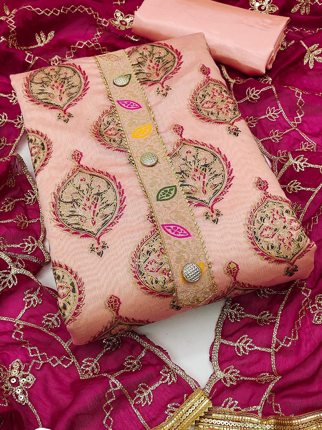 

MAHALASA Ethnic Motifs Embroidered Pure Cotton Unstitched Dress Material, Peach