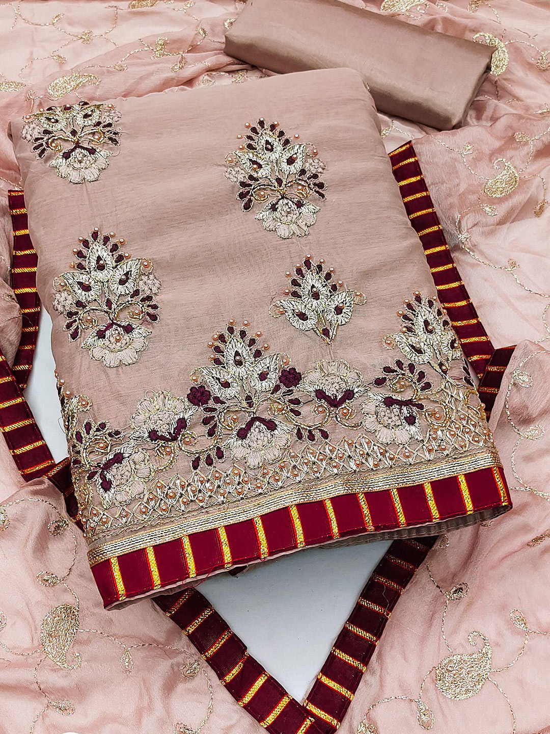 

MAHALASA Ethnic Motifs Woven Design Pure Cotton Unstitched Dress Material, Pink