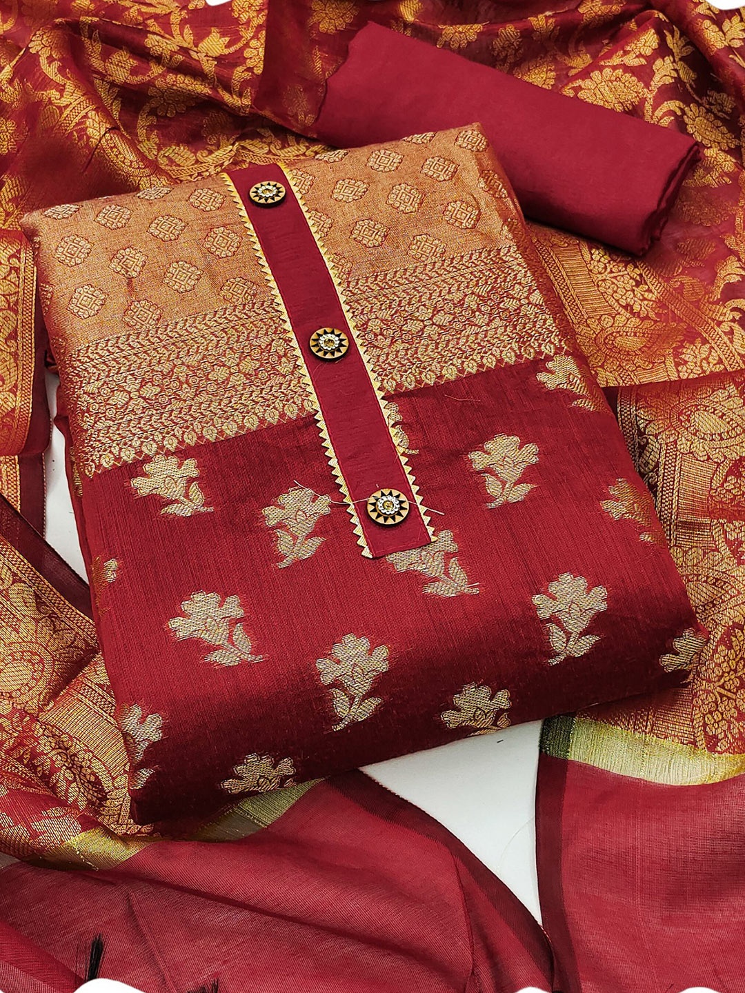 

MAHALASA Ethnic Motifs Woven Design Pure Cotton Unstitched Dress Material, Red