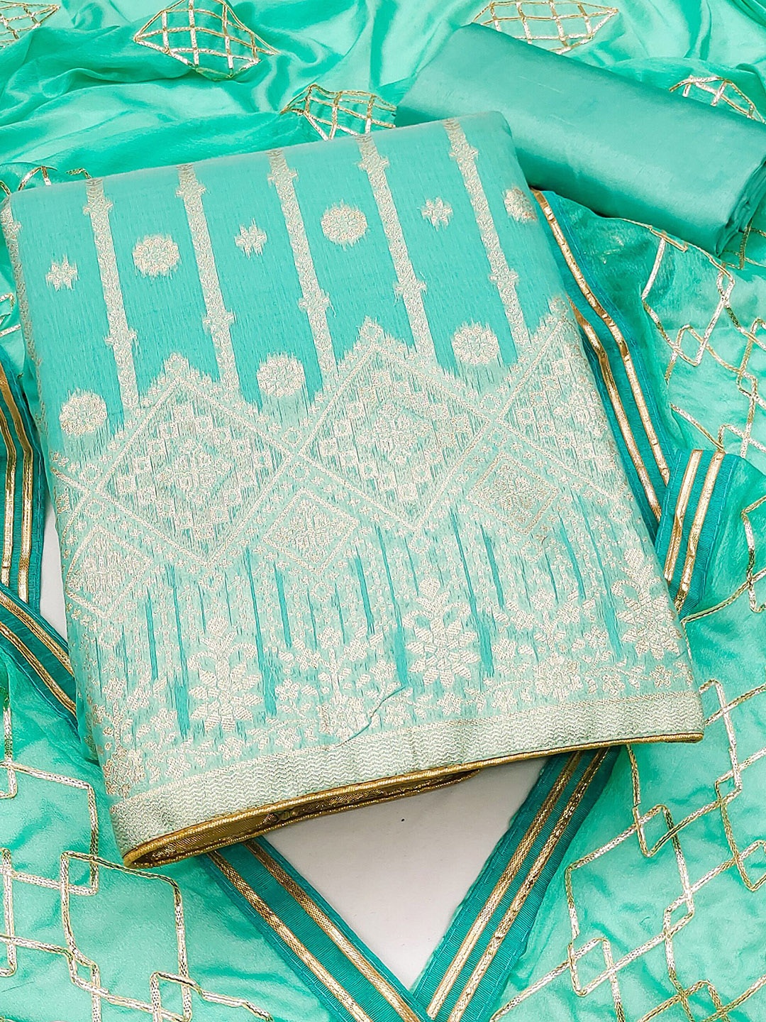 

MAHALASA Ethnic Motifs Woven Design Pure Cotton Unstitched Dress Material, Turquoise blue